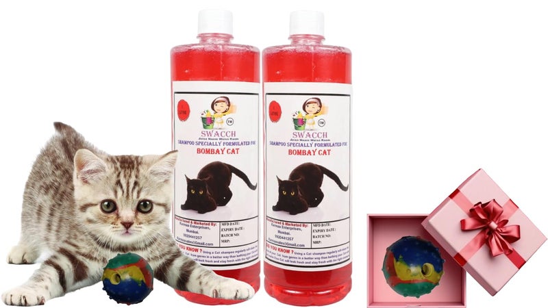 swacch Bombay Cat Shampoo + Rubber Musical Ball I Chew Playing Rubber Ball I Interactive Cat Toy Balls I Training & Play I Combo Pack I 1 Litre Pack of 2 Strawberry - Image 1