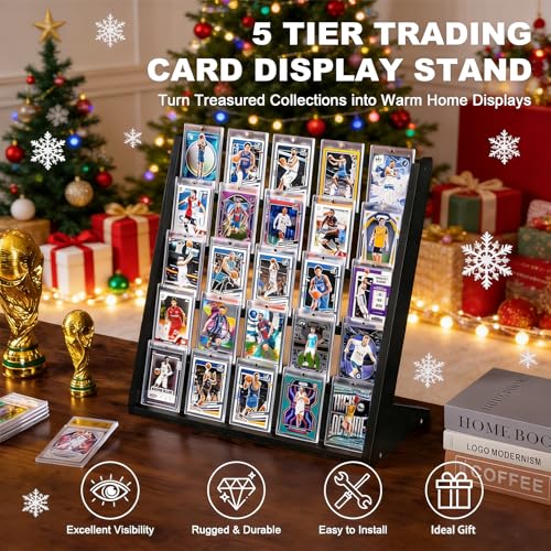 Emfogo Trading Card Display Stand 5 Tier Sports Graded Card Display Wooden Trading Card Display Stand for Sports Card Collection Show Black - Image 5