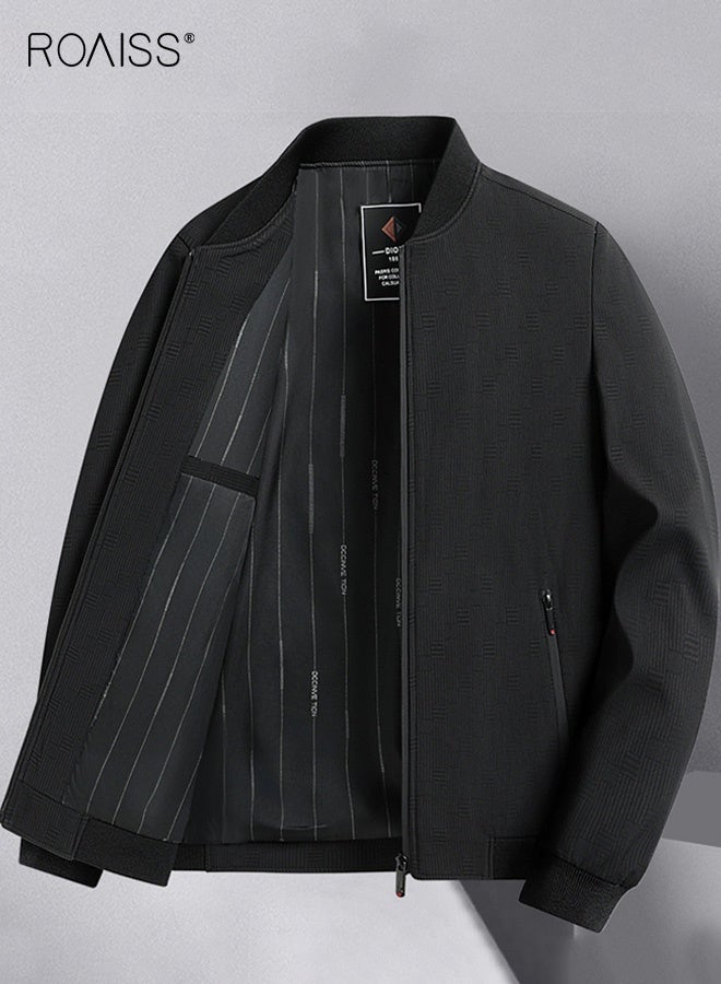 roaiss Men's Zipper Jacket Business Casual Style with Plaid Baseball Collar Design Slim Fit Versatile for Office and Casual Occasions, Lightweight Comfortable Fabric - Image 1