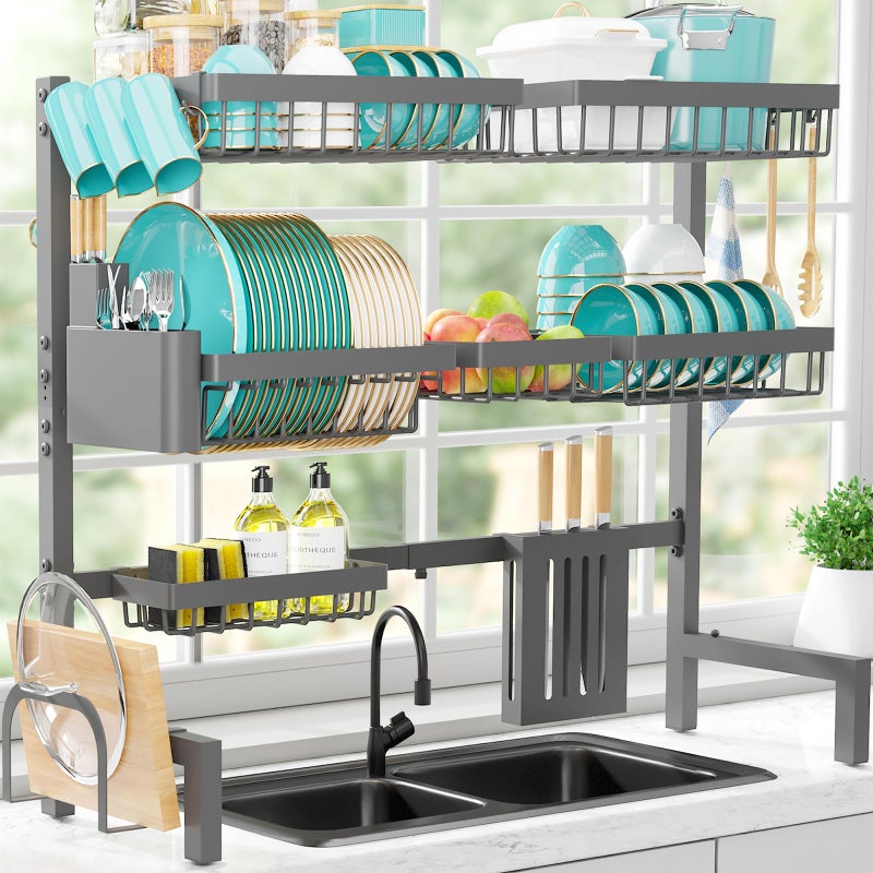 Sakugi Over The Sink Dish Drying Rack  Adjustable 3 Tier XXLarge Capacity Stainless Steel Drainer with Cutlery  Utensil Holders Kitchen Storage  Organization 315395L x 12W x 305H Gray
