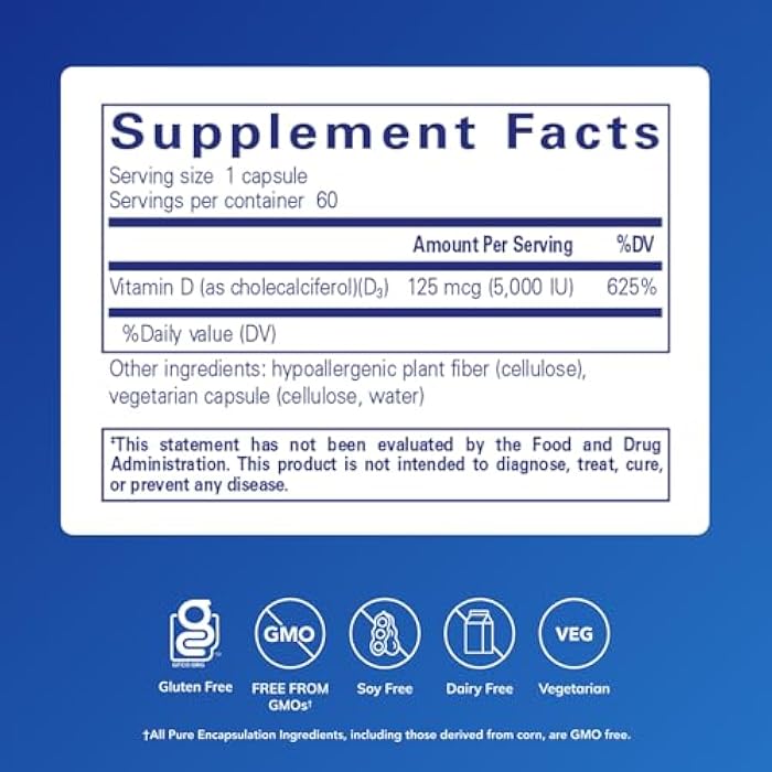 Pure Encapsulations Vitamin D3 125 mcg (5,000 IU) - Supplement to Support Bone, Joint, Breast, Heart, Colon, and Immune Health* - with Vitamin D - 60 Capsules - Image 2