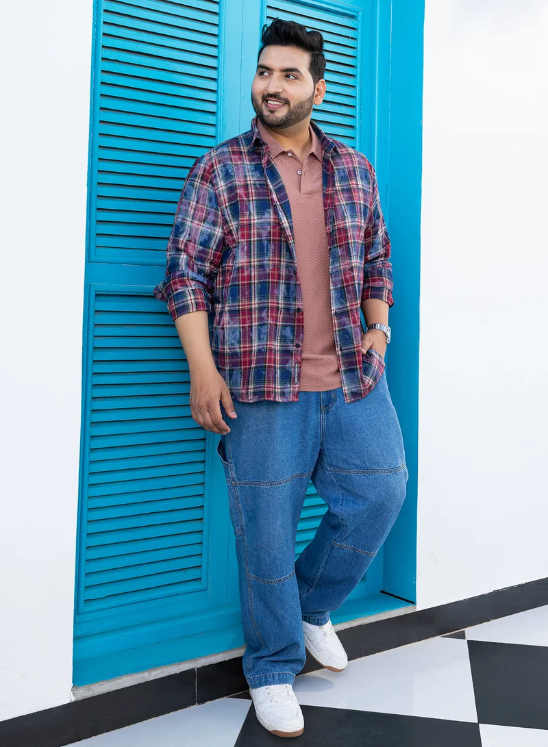 Instafab Plus Instafab Plus Men's Blue & Red Dark-Plaid Relaxed Shirt For Casual Wear | Spread Collar | Long Cuffed Sleeves | Button Closure | Plus Size Shirt Crafted With Comfort Fit For Everyday Wear