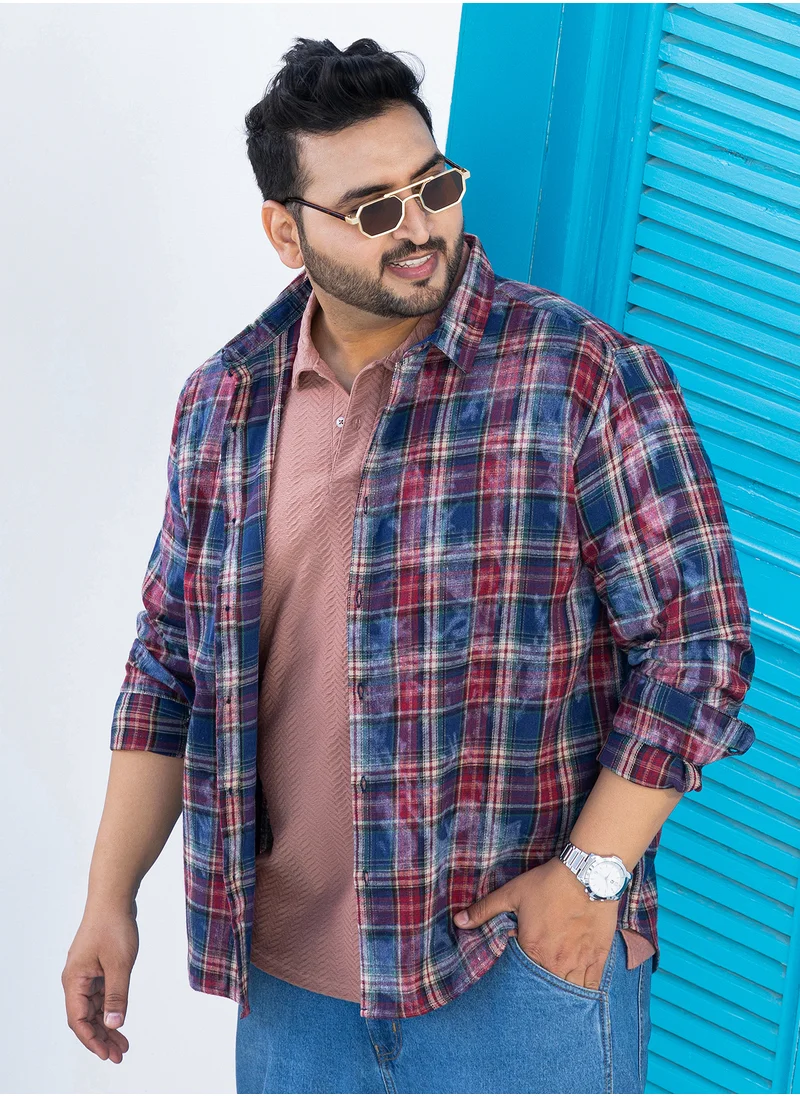 Instafab Plus Instafab Plus Men's Blue & Red Dark-Plaid Relaxed Shirt For Casual Wear | Spread Collar | Long Cuffed Sleeves | Button Closure | Plus Size Shirt Crafted With Comfort Fit For Everyday Wear