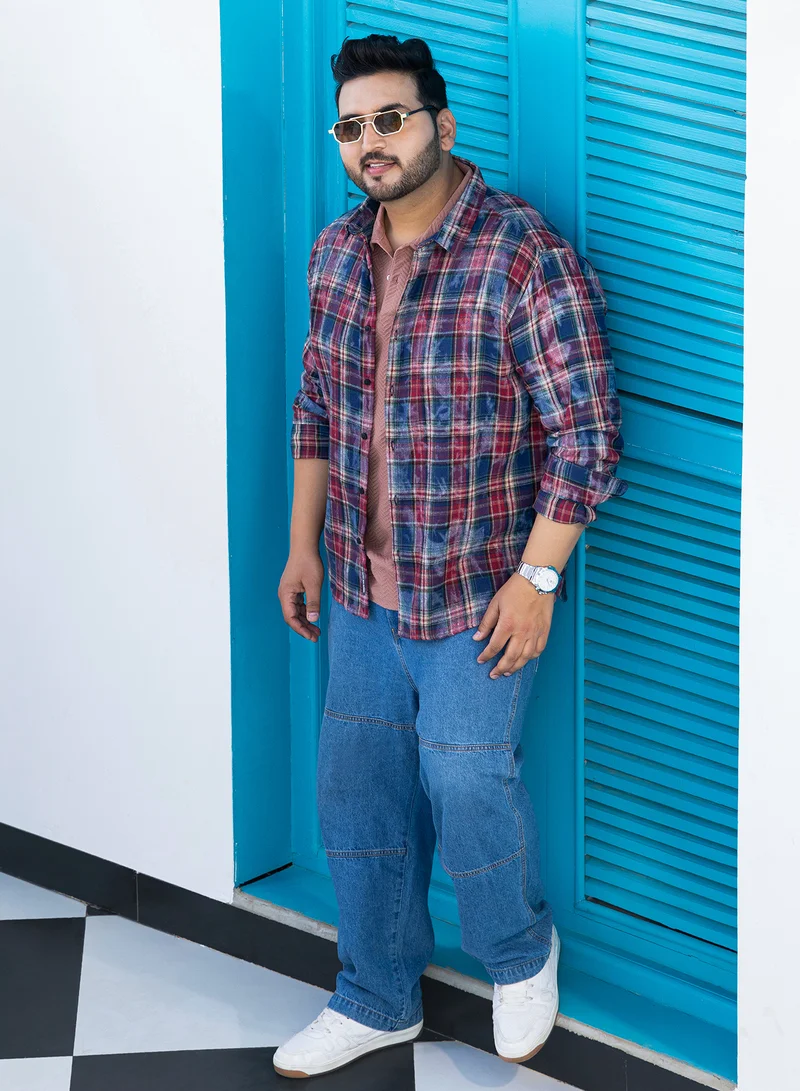 Instafab Plus Instafab Plus Men's Blue & Red Dark-Plaid Relaxed Shirt For Casual Wear | Spread Collar | Long Cuffed Sleeves | Button Closure | Plus Size Shirt Crafted With Comfort Fit For Everyday Wear