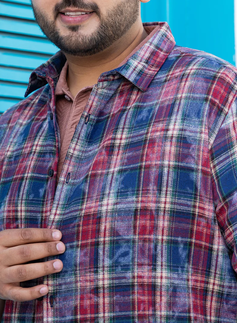 Instafab Plus Instafab Plus Men's Blue & Red Dark-Plaid Relaxed Shirt For Casual Wear | Spread Collar | Long Cuffed Sleeves | Button Closure | Plus Size Shirt Crafted With Comfort Fit For Everyday Wear