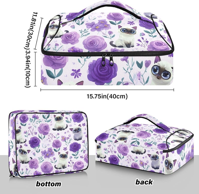 ElliTarr Casserole Carrier Insulated Casserole Dish Carrier Thermal Food Warmer Bag Lasagna Holder Lugger Tote Potluck Containers for Travel Picnic Party Purple Floral Cute Cats - Image 3
