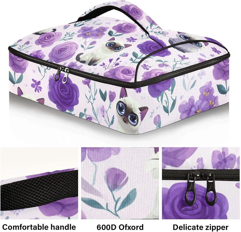 ElliTarr Casserole Carrier Insulated Casserole Dish Carrier Thermal Food Warmer Bag Lasagna Holder Lugger Tote Potluck Containers for Travel Picnic Party Purple Floral Cute Cats - Image 2