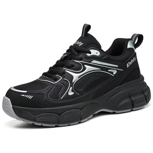 Ruivina Steel Toe Shoes for Women Safety Shoes Wide fit Indestructible Work Sneakers Men Lightweight Slip on Resistant Breathable Puncture Proof Composite Toe Shoe 8777 Black 38 - Image 1