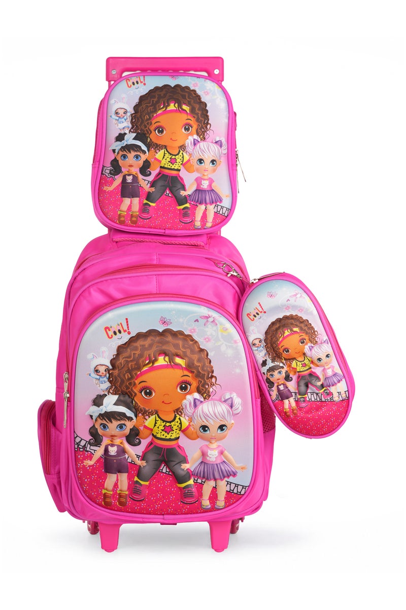 KTMC 3D Cartoon Dancing Girl Triple Set Pen Bag, Lunch Bag, School Trolley Bag for Baby Girls -Fuschia 9914