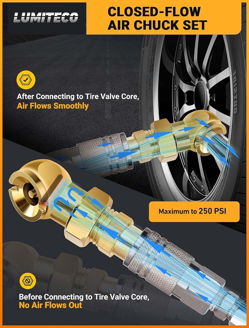 LUMITECO Dual Head Air Chuck Set, Heavy Duty Closed Ball Tire Chuck with 1/4'' Male NPT Quick Plug for 2-Way Quick Connection, No Leakage Tire Air Fill Kit for Tire Inflator Gauge and Air Compressor - Image 4