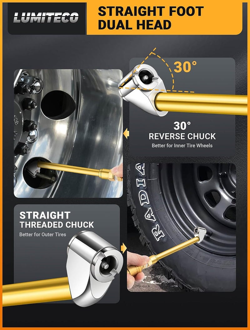 LUMITECO Dual Head Air Chuck Set, Heavy Duty Closed Ball Tire Chuck with 1/4'' Male NPT Quick Plug for 2-Way Quick Connection, No Leakage Tire Air Fill Kit for Tire Inflator Gauge and Air Compressor - Image 5