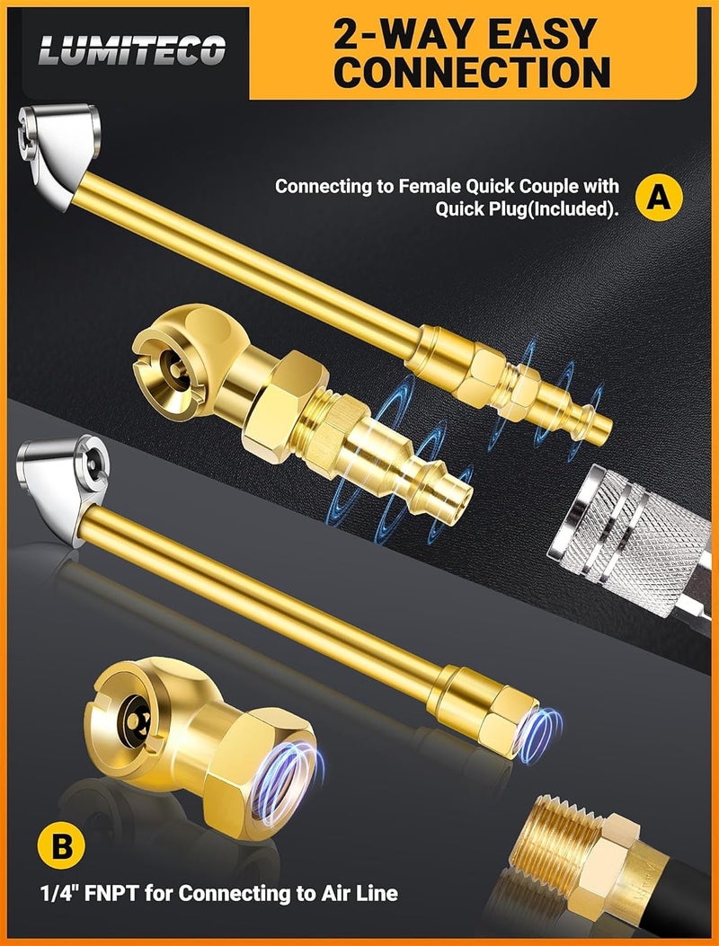LUMITECO Dual Head Air Chuck Set, Heavy Duty Closed Ball Tire Chuck with 1/4'' Male NPT Quick Plug for 2-Way Quick Connection, No Leakage Tire Air Fill Kit for Tire Inflator Gauge and Air Compressor - Image 3