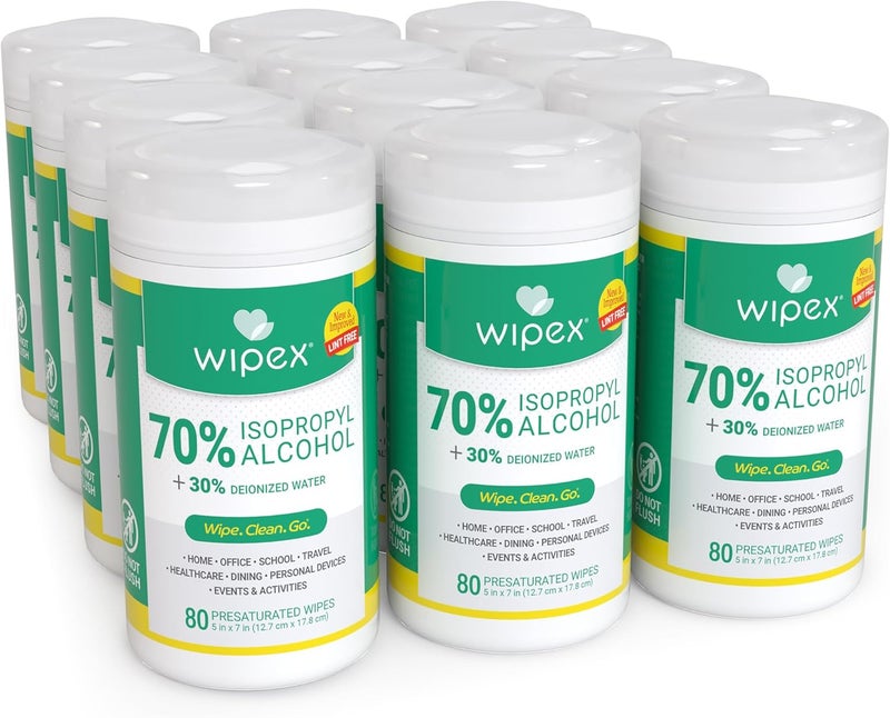 Wipex Alcohol Wipes for Electronics - Lint Free Tech Wipes with 70% Isopropyl Alcohol - Equipment Cleaning for Computers, iPhones and Household Items, 80 Count (Pack of 12) - Image 1