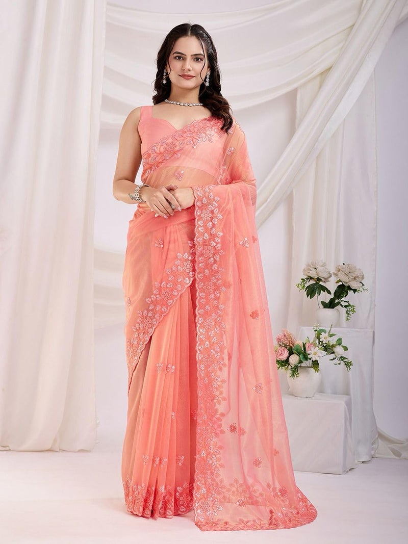SGF11 Women's Embroidery Work Tissue Silk Saree With Unstitched Blouse Piece (Orange) - Image 2