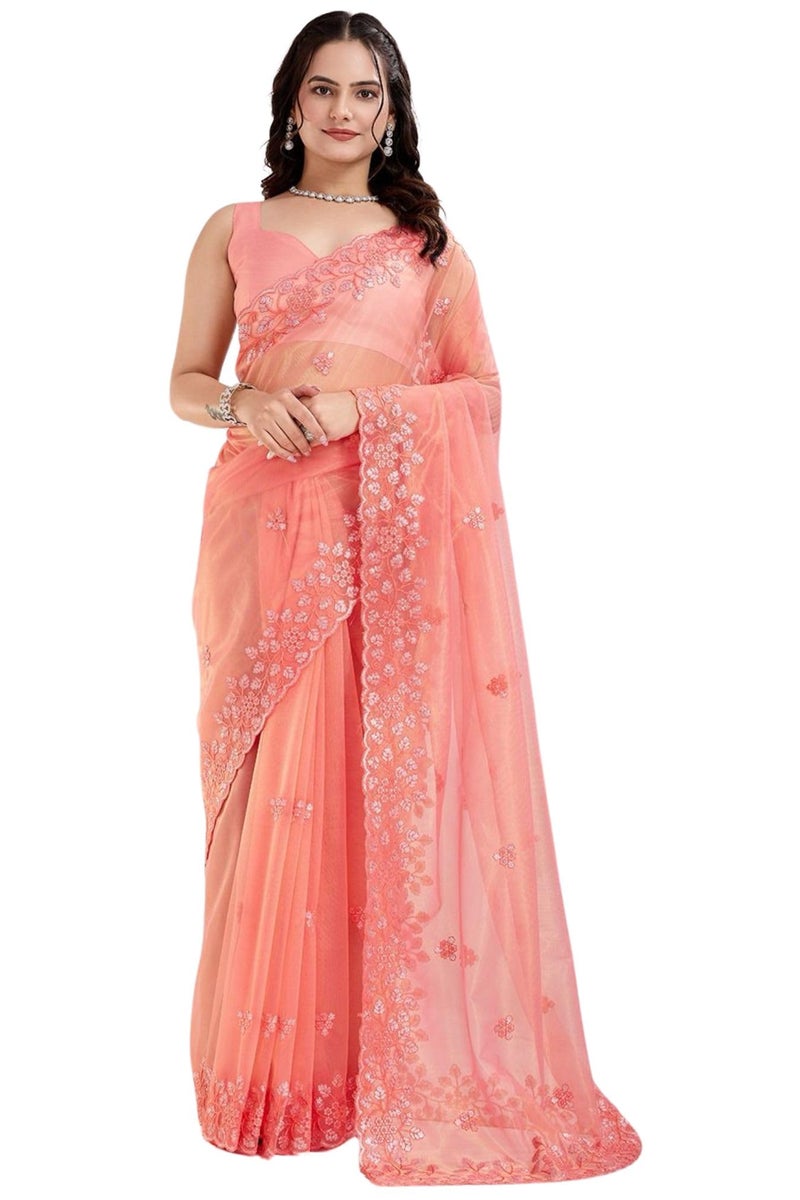SGF11 Women's Embroidery Work Tissue Silk Saree With Unstitched Blouse Piece (Orange) - Image 5