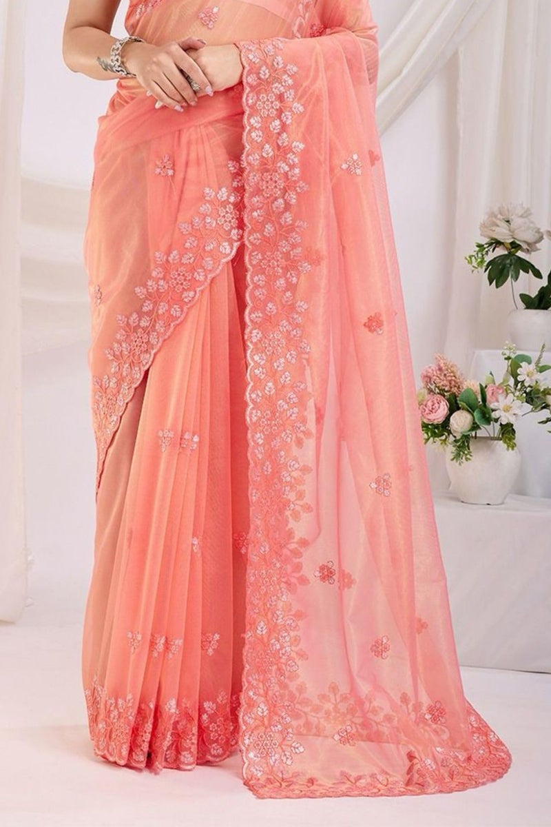 SGF11 Women's Embroidery Work Tissue Silk Saree With Unstitched Blouse Piece (Orange) - Image 4
