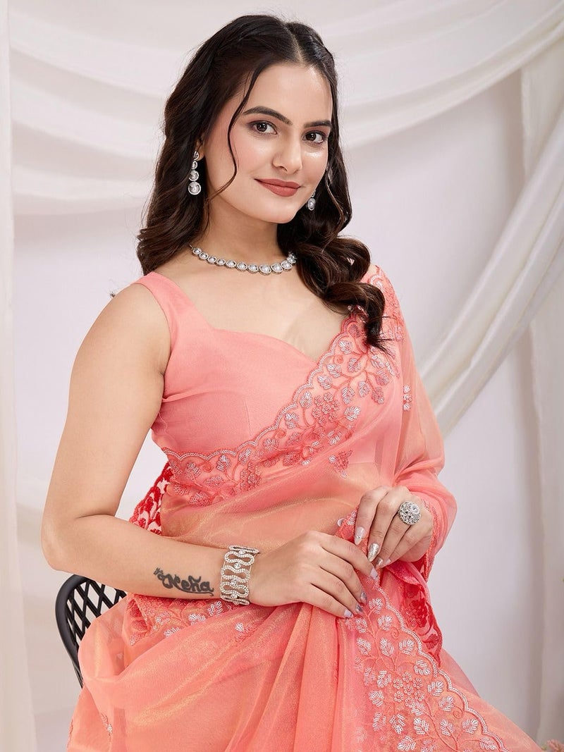 SGF11 Women's Embroidery Work Tissue Silk Saree With Unstitched Blouse Piece (Orange) - Image 3