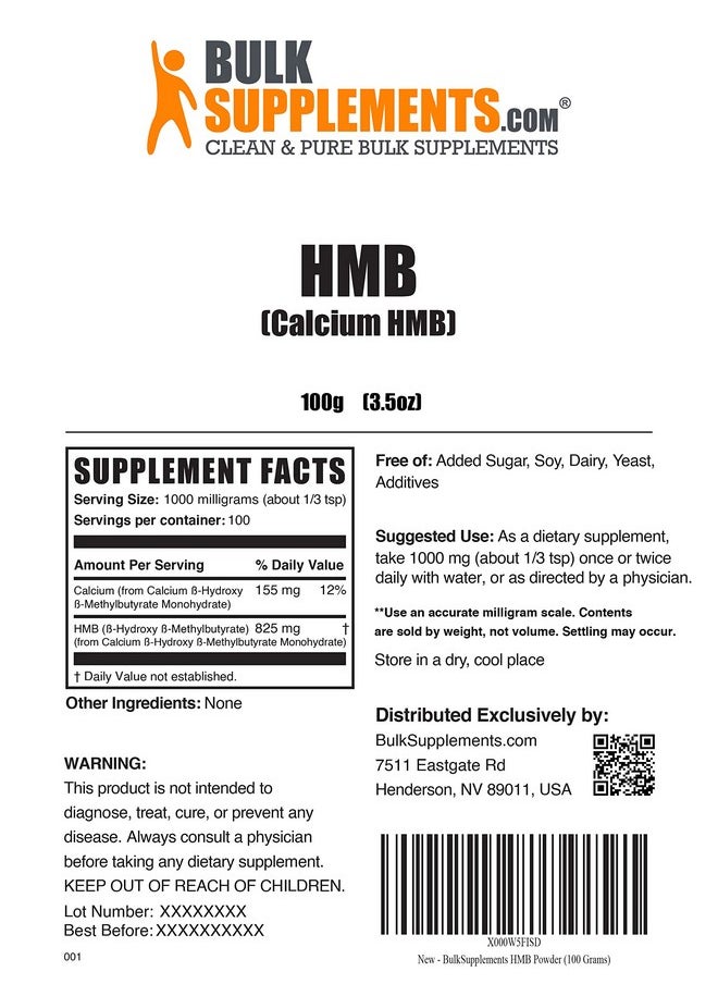 BULKSUPPLEMENTS.COM - Hmb Powder (Beta Hydroxy Beta Methylbutyrate) Hmb Supplement Hmb Free Acid Hmb 1000 Mg Calcium Hmb Hmb Powder Supplements 100 Servings (100 Grams 3.5 Oz) - Image 1
