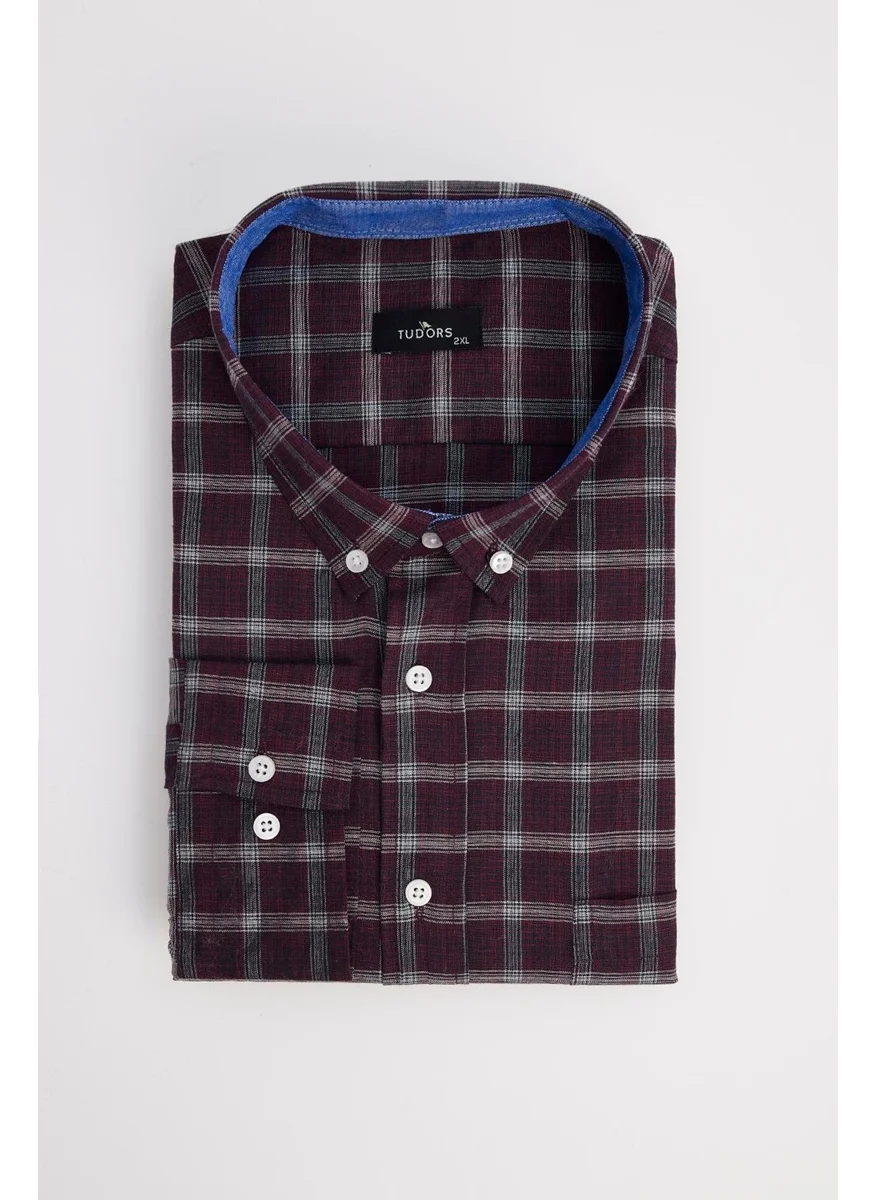 Tudors Plus Size Long Sleeve Plaid Piped Collar Button-Down Men's Shirt