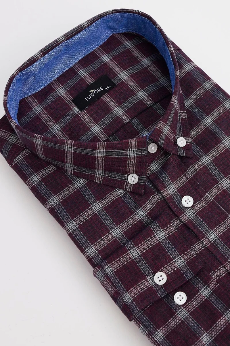 تودورس Plus Size Long Sleeve Plaid Piped Collar Button-Down Men's Shirt