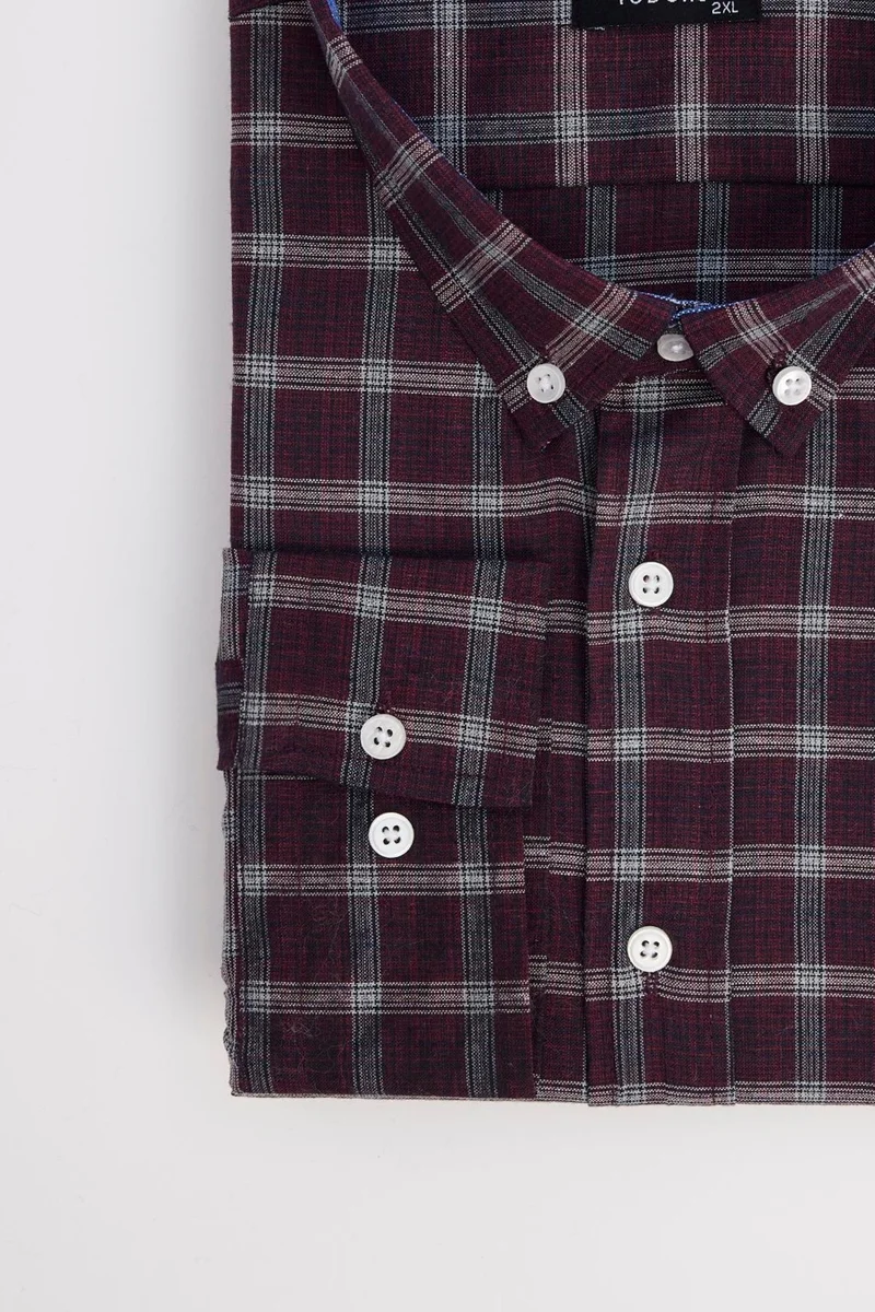 تودورس Plus Size Long Sleeve Plaid Piped Collar Button-Down Men's Shirt