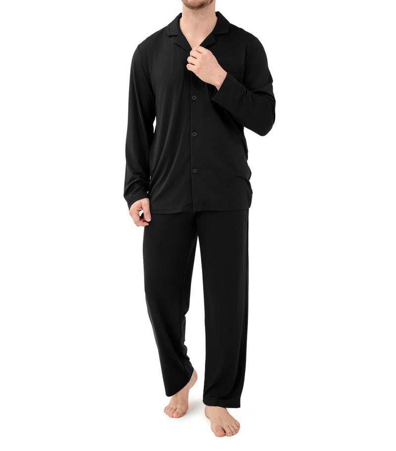 DAVID ARCHY Mens Pajamas Set Ultra-Soft Sleepwear Classic Notched Collar Top & Bottoms Loungewear with Pockets (L, Black) - Image 1