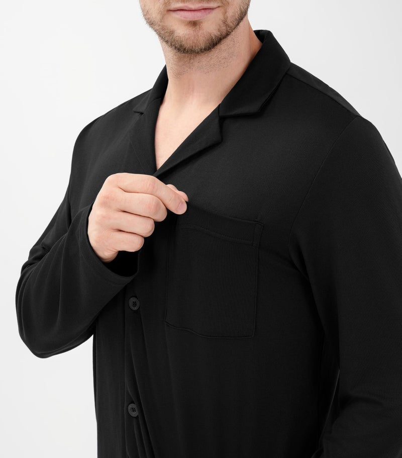 DAVID ARCHY Mens Pajamas Set Ultra-Soft Sleepwear Classic Notched Collar Top & Bottoms Loungewear with Pockets (L, Black) - Image 3