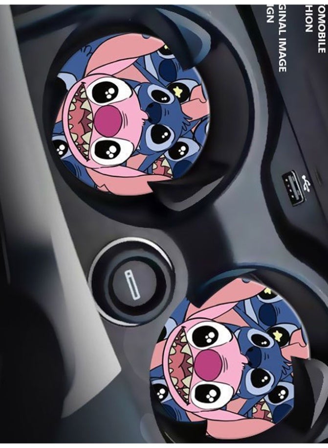 قطعتين قاعدة اكواب سيارة مانعه للانزلاق بتصميم شخصية ستيتش الكرتونية اكسسوار وزينة سيارة مميزة