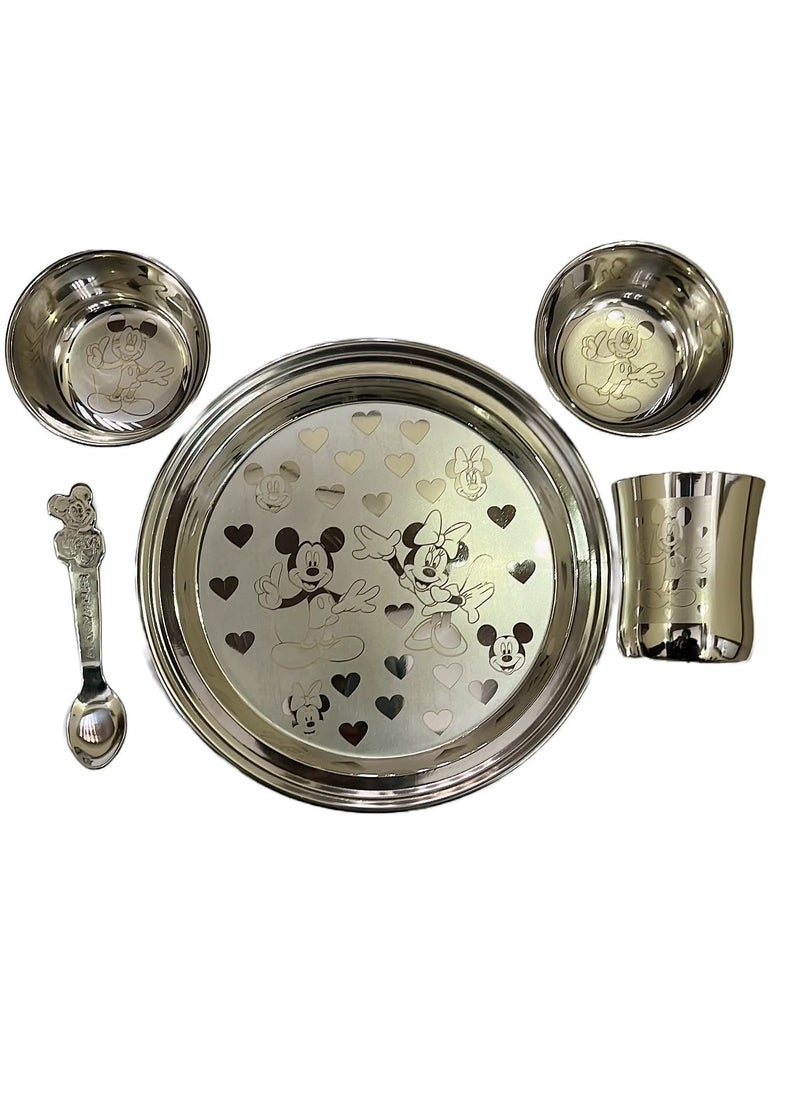 KC - KC Steel Cartoon Baby Dinner Set Of 5 Pieces 1 Plate, 2 Bowls, 1 Spoon, 1 Glass (Mickey Minnie Design) - Image 1