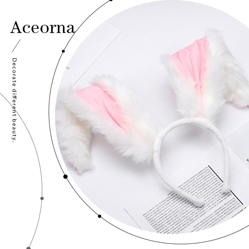 Aceorna Bunny Ears Headbands Furry Rabbit Ear Headband Party Prom Cosplay Headwear Costume Hair Accessories for Women (White) - Image 3