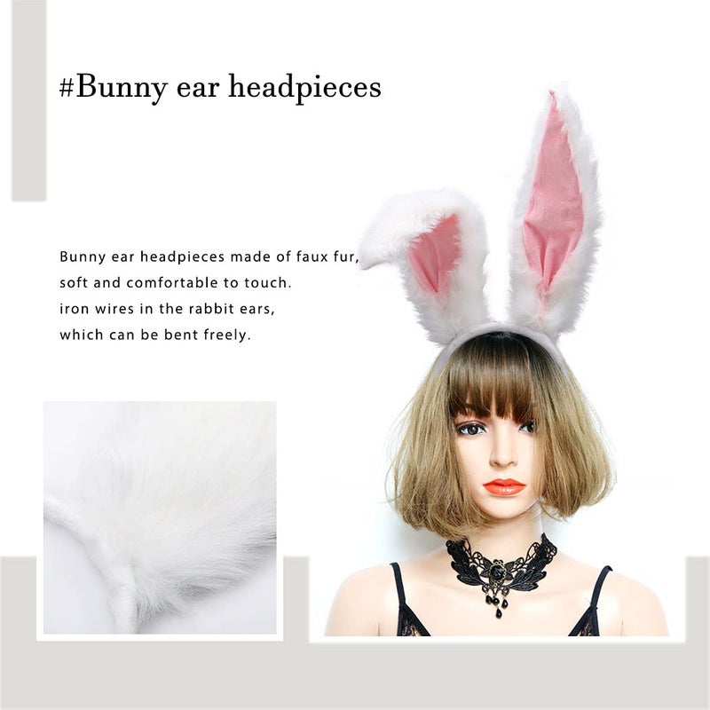 Aceorna Bunny Ears Headbands Furry Rabbit Ear Headband Party Prom Cosplay Headwear Costume Hair Accessories for Women (White) - Image 5
