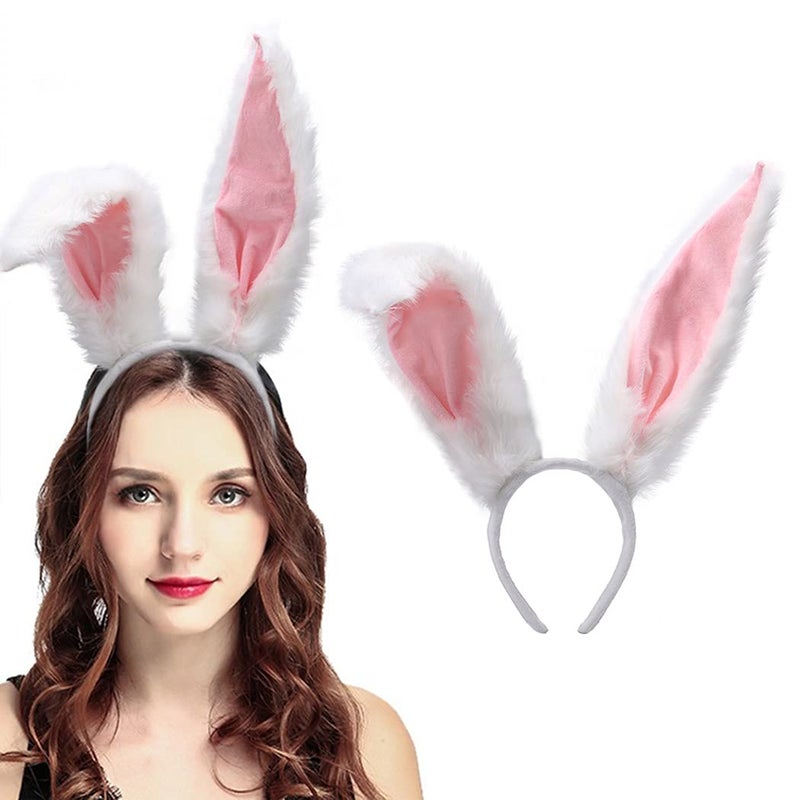 Aceorna Bunny Ears Headbands Furry Rabbit Ear Headband Party Prom Cosplay Headwear Costume Hair Accessories for Women (White) - Image 1