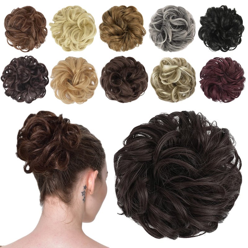 FESHFEN Messy Bun Hair Piece  Elastic Wavy Curly Hair Bun Scrunchies Extensions Synthetic Chignon Hairpieces for Women Girls Dark Brown 1 PCS