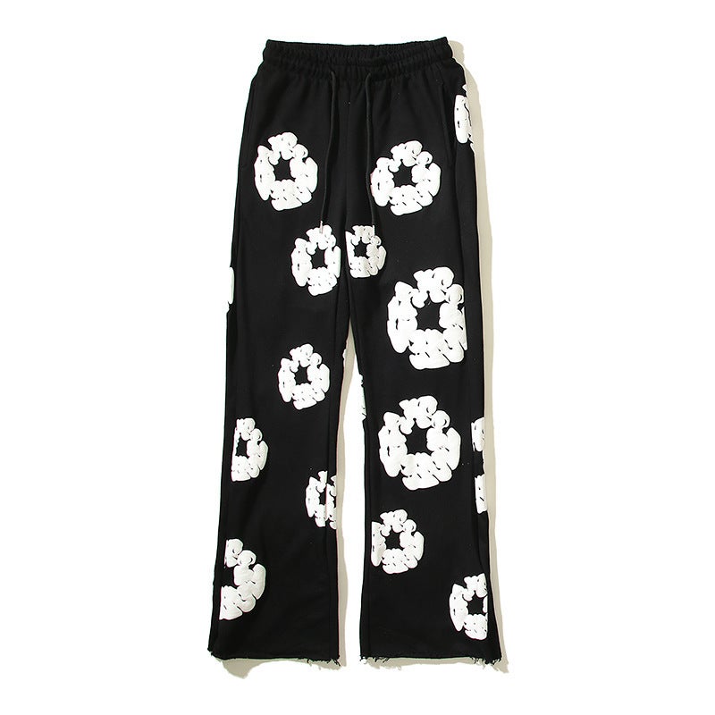 American high street hip hop three-dimensional cotton printed flared wide-leg pants mens and womens same loose casual wide-leg sweatpants Black (priority delivery for favorites)