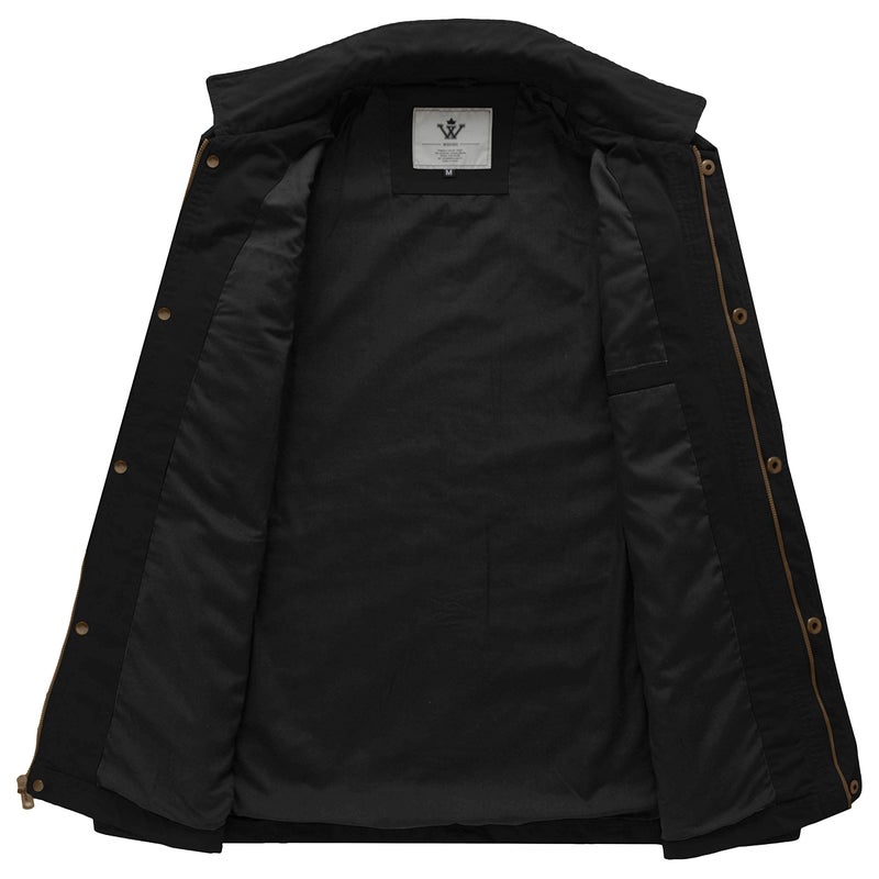 WenVen Men's Flat Collar Canvas Cotton Military Jacket (Black, 2XL) - Image 3