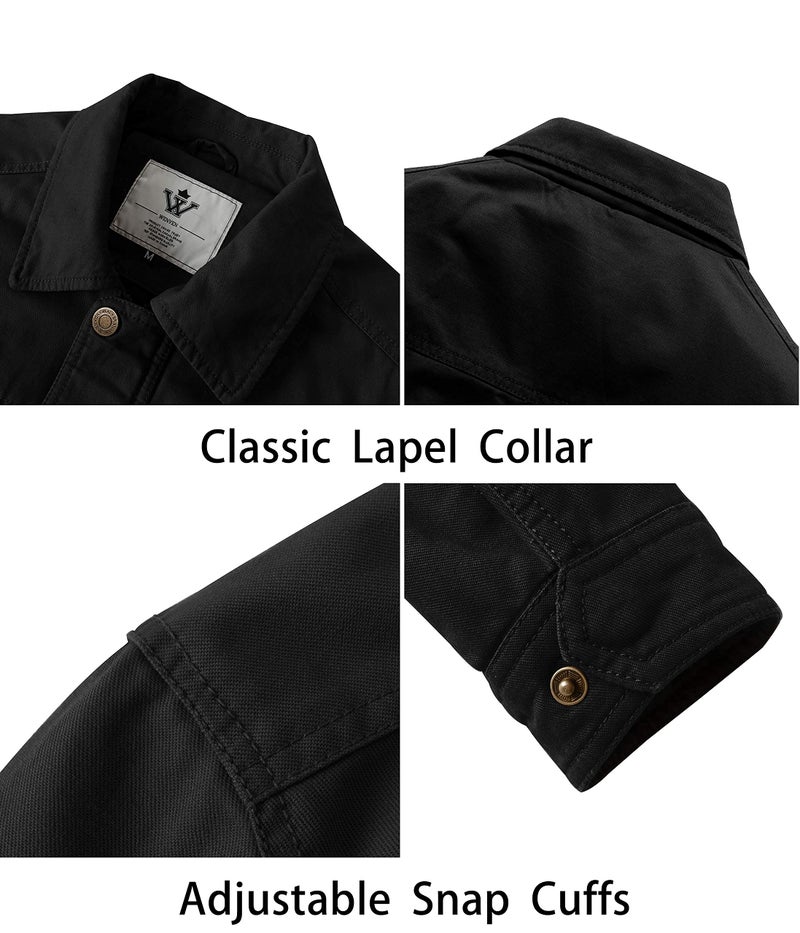 WenVen Men's Flat Collar Canvas Cotton Military Jacket (Black, 2XL) - Image 5