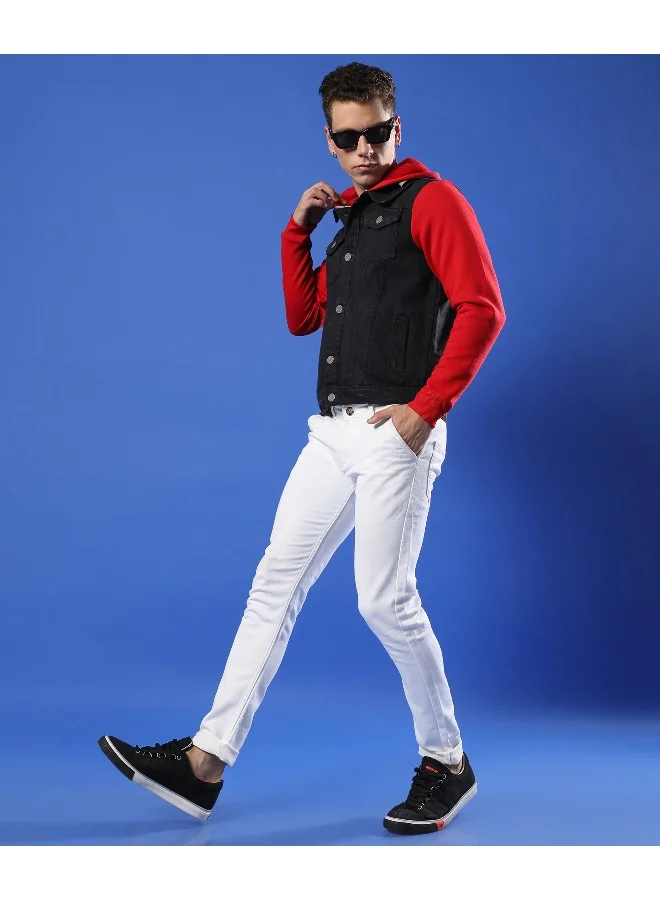 Campus Sutra Men's Black & Red Dark-Wash Denim Jacket With Sweatshirt Sleeve
