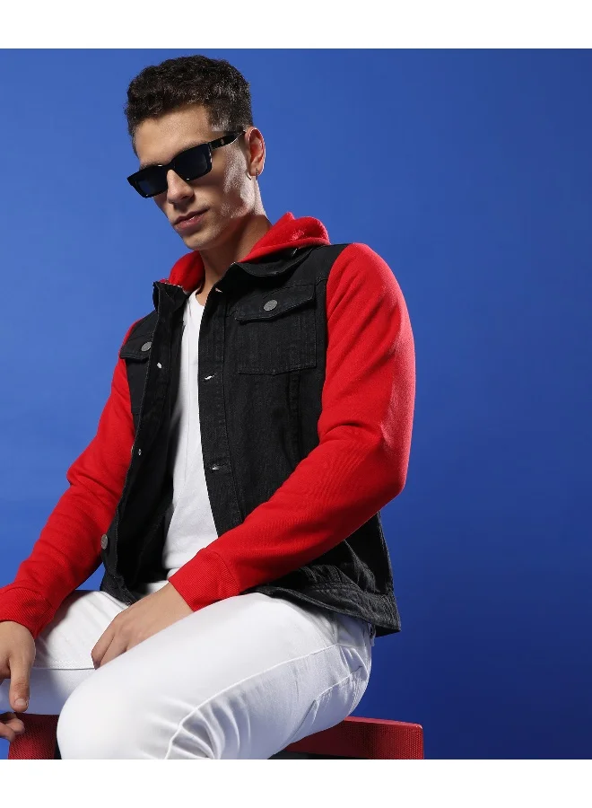 Campus Sutra Men's Black & Red Dark-Wash Denim Jacket With Sweatshirt Sleeve