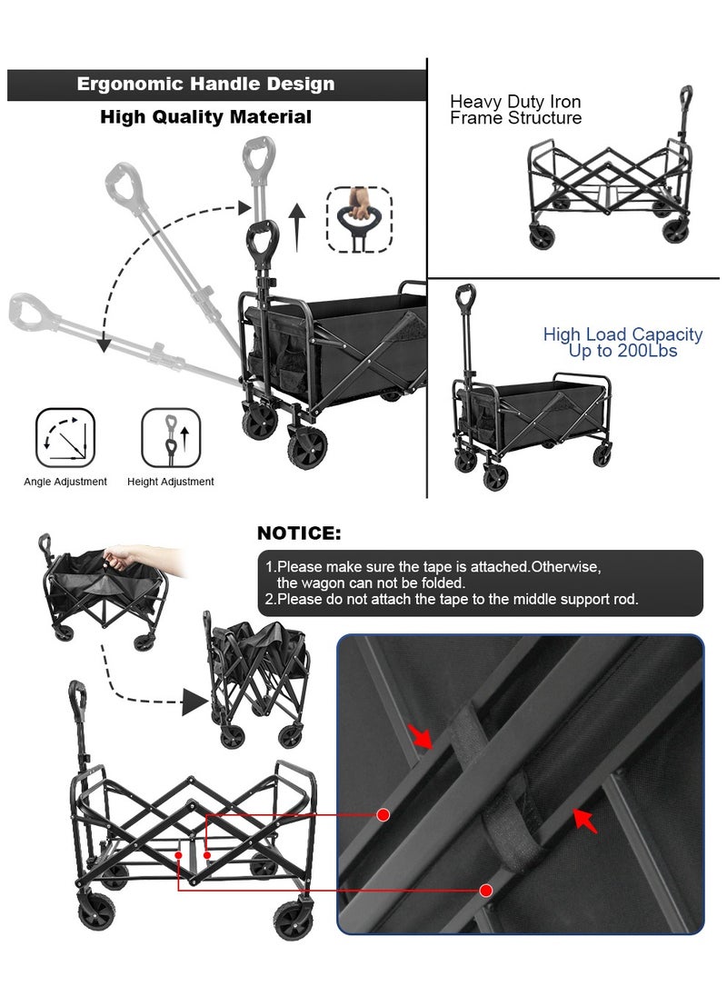 Arabest - Collapsible Foldable Wagon,Beach Wagon Cart Heavy Duty with Wheels Foldable,Utility Folding Grocery Wagon for Camping Sports Outdoor Activities(Black) - Image 1