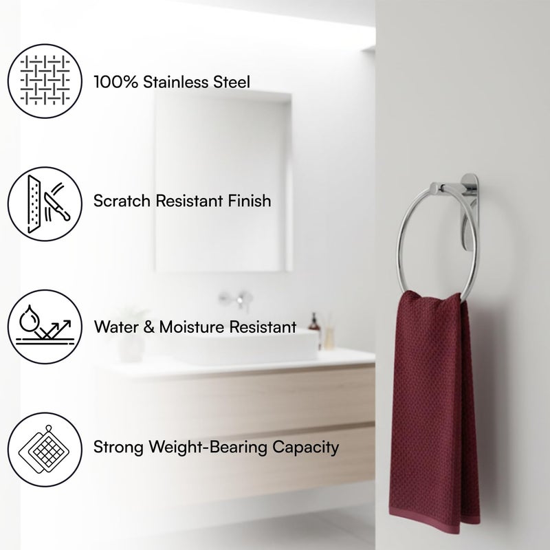Oslen Stainless Steel Self Adhesive Round Towel Ring | No Drilling Wall Mounted Bathroom Accessories | Durable Napkin Hand Towel Holder for Kitchen, Wash Basin, Home and Hotels (Chrome Finish) - Image 3