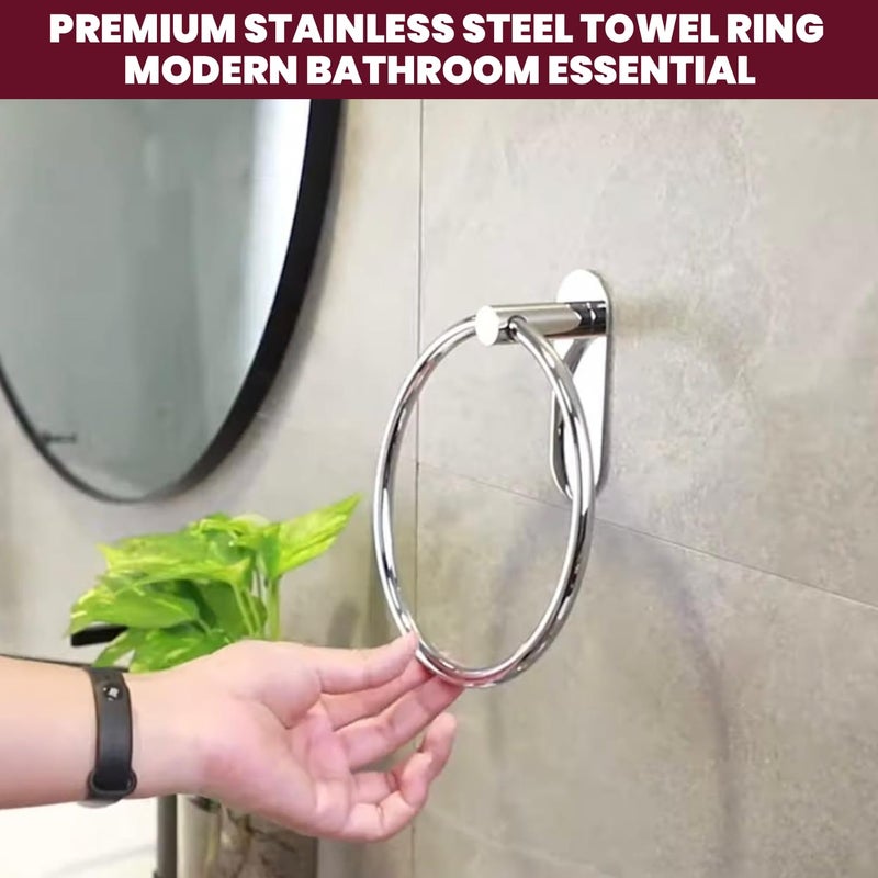 Oslen Stainless Steel Self Adhesive Round Towel Ring | No Drilling Wall Mounted Bathroom Accessories | Durable Napkin Hand Towel Holder for Kitchen, Wash Basin, Home and Hotels (Chrome Finish) - Image 2
