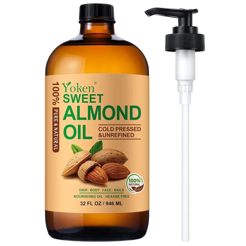 Yoken Sweet Almond Oil 32 fl oz 100 Pure Cold Pressed Glass Bottle Sweet Almond Oil for Skin Hair Almond Oil for Hair Moisturier Smooth and Soft Skin Carrier Oil for DIY Massage