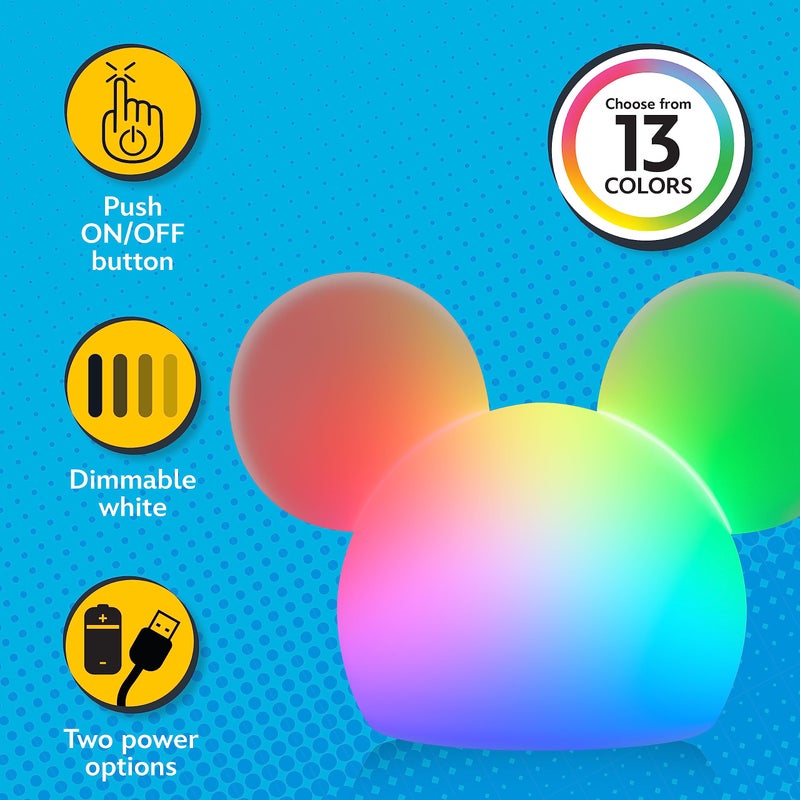 Disney Mickey Mouse Squishy Light, Color Changing, Night Light for Kids, USB Lamp, Battery Operated, Dimmable, Ideal for Bedroom, Playroom, Living Room, and More, 66944 - Image 2