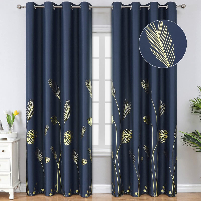 Estelar Textiler Blackout Curtains Grommet 96 Inches Long Elegant Gold Palm Tree and Wheat Print Light Blocking Curtains for Dining Room Navy Blue 52Wx96L 2 Panels