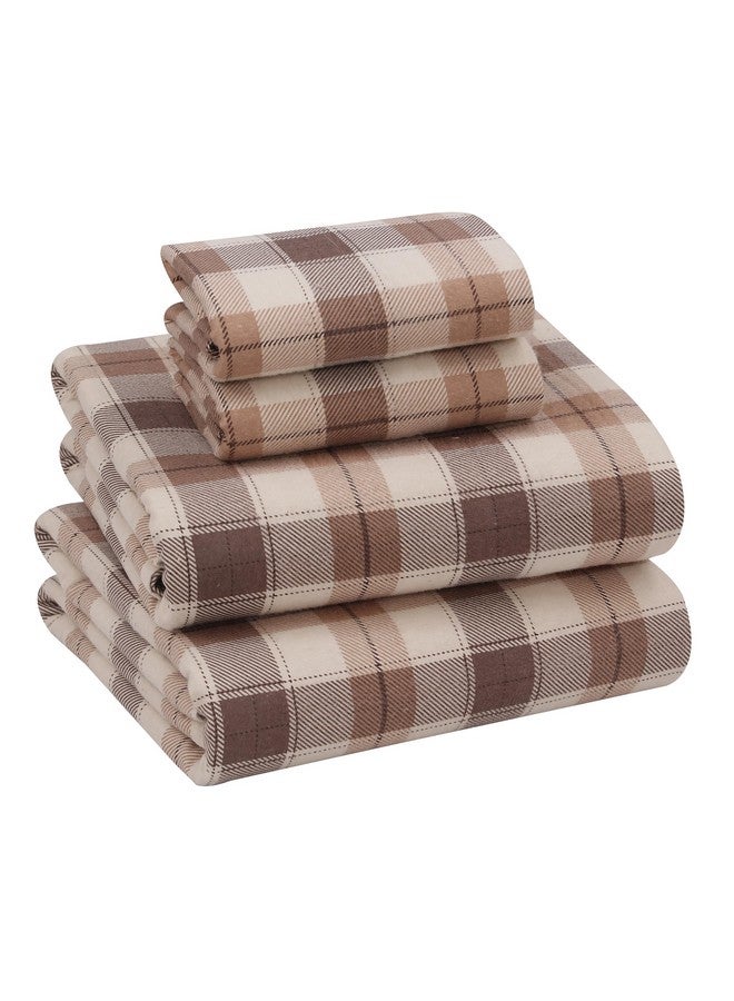 RUVANTI Flannel Sheets Queen Size - 100% Cotton Double Brushed Bed Sheets, Deep Pockets 16 Inches Queen Sheet Set, All Seasons Breathable & Extra Soft - Warm & Cozy, 4 Piece, Beige & Grey Plaid - Image 1