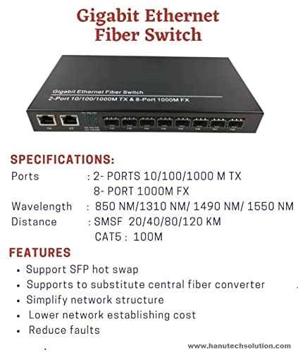 Hanutech Gigabit Fiber Switch 8-Port Unmanaged, 2×RJ45 10/100/1000Mbps + 8×SFP Slots (1.25G Support, Without SFP Module), High-Speed Fiber Network Switch with 1-Year Warranty - Image 2