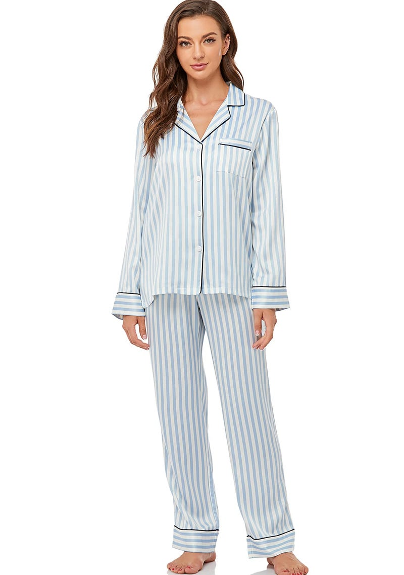 Serenedelicacy Women's Satin Pajama Set Long Sleeve Button Down Sleepwear 2-Piece Silky Pj Set (Medium, Blue, Striped) - Image 4