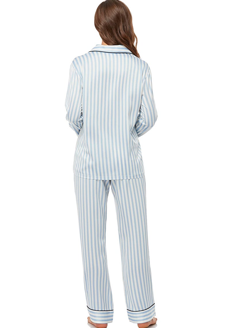 Serenedelicacy Women's Satin Pajama Set Long Sleeve Button Down Sleepwear 2-Piece Silky Pj Set (Medium, Blue, Striped) - Image 2