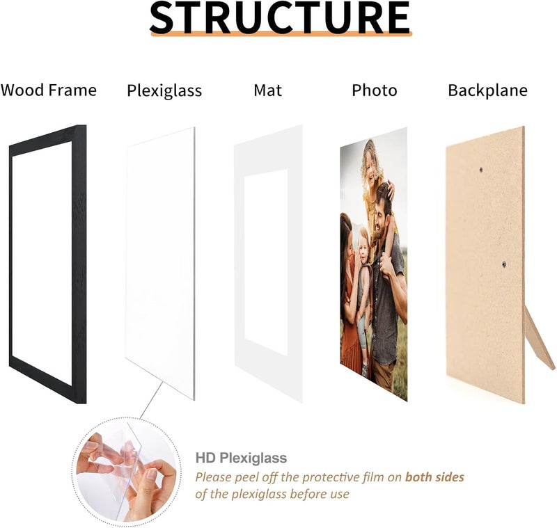 ATOBART 4PK - 8x10 Oak Solid Wood Picture Frame with Shatter-Resistant HD Plexiglass - Use as 5x7 Frame with Mat or Display 8x10 Photo Without Mat- Picture Frames for Tabletop and Wall - Black - Image 5