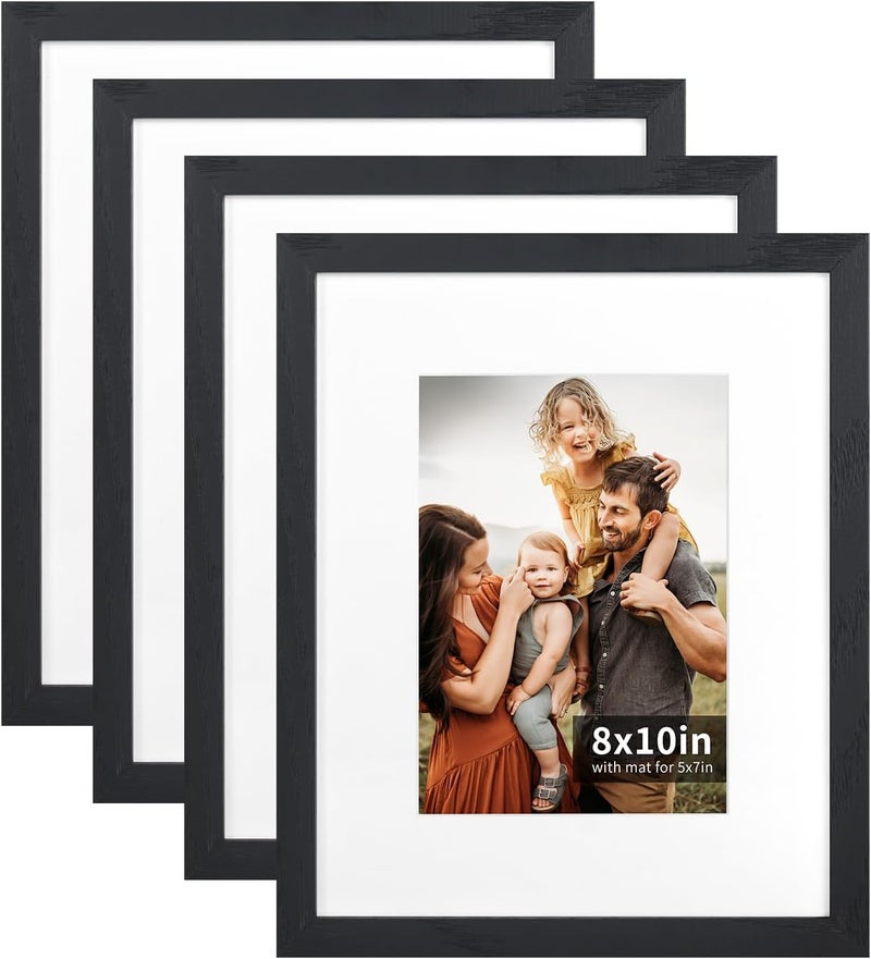ATOBART 4PK - 8x10 Oak Solid Wood Picture Frame with Shatter-Resistant HD Plexiglass - Use as 5x7 Frame with Mat or Display 8x10 Photo Without Mat- Picture Frames for Tabletop and Wall - Black - Image 1